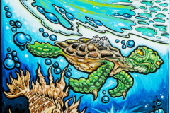 2014 DEEP INTO PARADISE by Drew Brophy 45 x 15 Commissioned by a fan who wanted a "full sleeve" tattoo design. He will take this painting to his tattoo artist to use as a map.